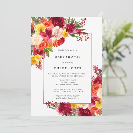 バーガンディーピンクオレンジ黄色フローラ赤ちゃんシャワー 招待状 (スタンド正面)