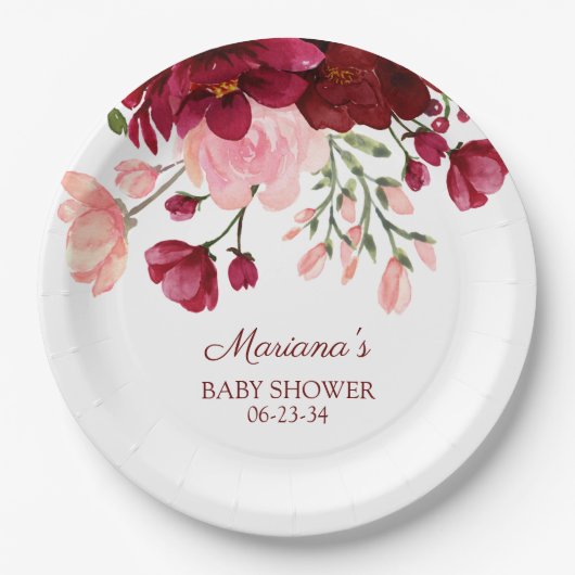 バーガンディーピンクガールベビーシャワー紙 ペーパープレート (正面)