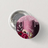 バーガンディーピンクグリッタードリップメタルフローラ名タグ 缶バッジ (正面&裏面)