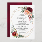 バーガンディーピンクコーラルオレンジユカリプタスウェディング 招待状 (正面/裏面)