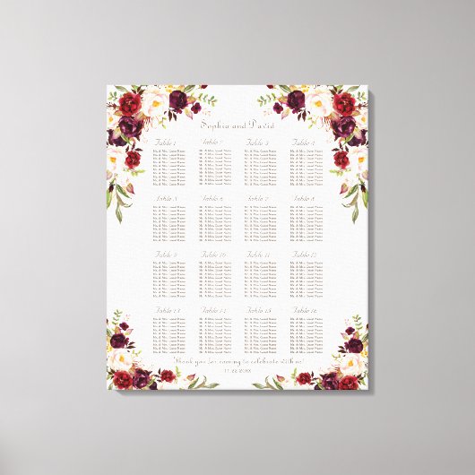 バーガンディーピンクサフラン結婚フローラの座席表 キャンバスプリント (正面)