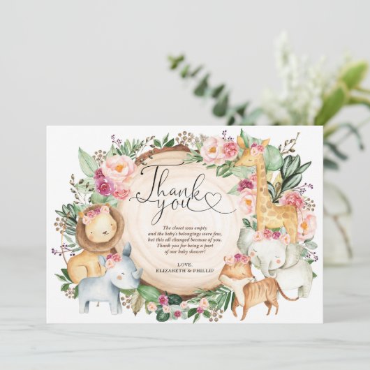 バーガンディーピンクジャングルサファリ動物サンキューカード 招待状 (スタンド正面)