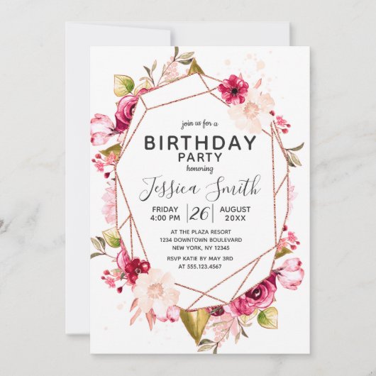 バーガンディーピンクテラリウム誕生日パーティーの招待状 招待状 (正面)