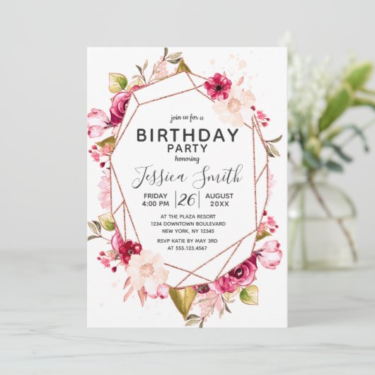 バーガンディーピンクテラリウム誕生日パーティーの招待状 招待状 (スタンド正面)