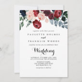 バーガンディーピンクネイビーフローラフロント&バック結婚ズ 招待状 (正面)