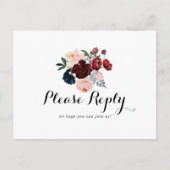 バーガンディーピンクネイビーフローラメニュー選択RSVP ポストカード (正面)