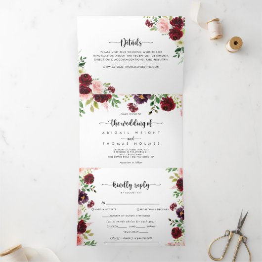 バーガンディーピンクパープル春結婚フローラの 三つ折り招待状 (内部)