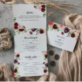 バーガンディーピンクパープル春結婚フローラの 三つ折り招待状