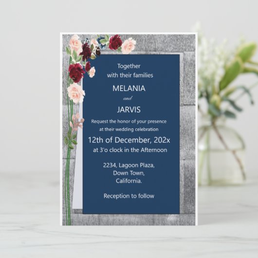 バーガンディーピンクフォレストグリーンネイビー赤面結婚ズ 招待状 (スタンド正面)