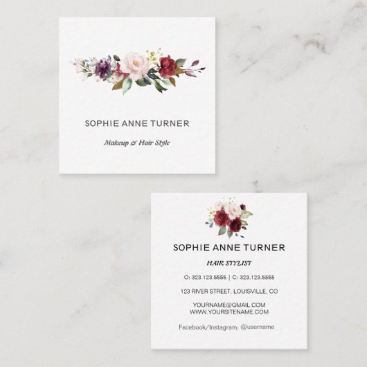 バーガンディーピンクフラワーズプロフェッショナル美しいサロン スクエア名刺 (正面/裏面)