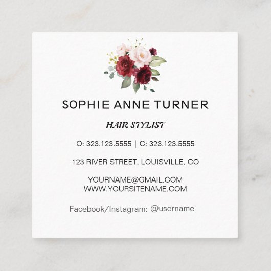 バーガンディーピンクフラワーズプロフェッショナル美しいサロン スクエア名刺 (裏面)