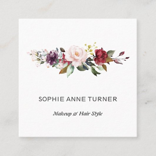 バーガンディーピンクフラワーズプロフェッショナル美しいサロン スクエア名刺 (正面)