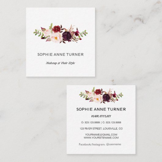 バーガンディーピンクフラワーズプロフェッショナル美しいサロン スクエア名刺 (正面/裏面)