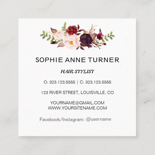 バーガンディーピンクフラワーズプロフェッショナル美しいサロン スクエア名刺 (裏面)