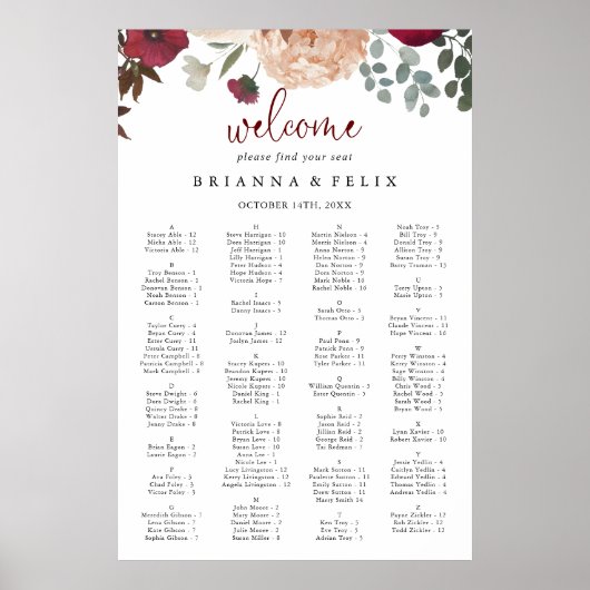 バーガンディーピンクフローラアルファベット座席表 ポスター (正面)