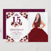 バーガンディーピンクフローラキンセアニェラ誕生日写真 招待状 (正面/裏面)