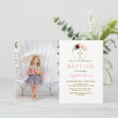 バーガンディーピンクフローラクロスガール写真バプテスマ 招待状 (スタンド正面)