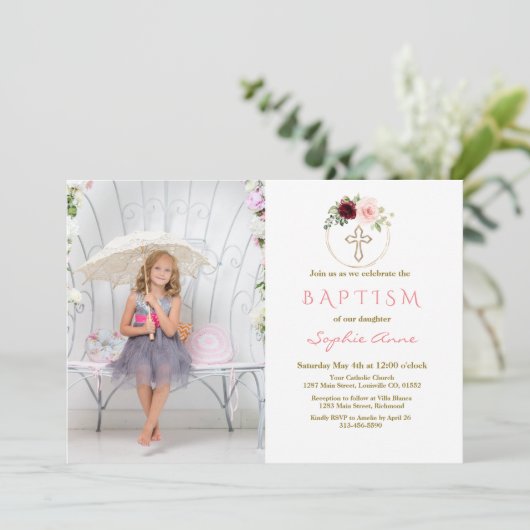 バーガンディーピンクフローラクロスガール写真バプテスマ 招待状 (スタンド正面)