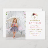 バーガンディーピンクフローラクロスガール写真バプテスマ 招待状 (正面/裏面)