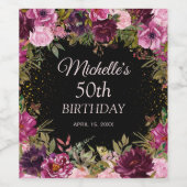 バーガンディーピンクフローラグリッターブラック50誕生日 ワインラベル (シングルラベル)