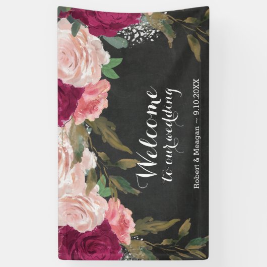 バーガンディーピンクフローラシャルボードウェルカムバナー 横断幕 (縦)