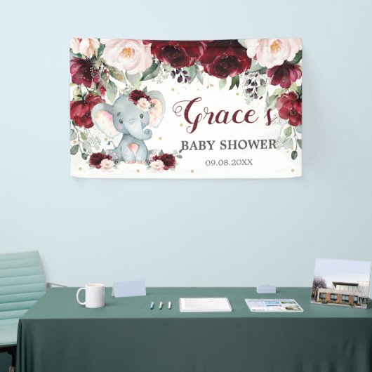 バーガンディーピンクフローラゾウ赤ちゃんシャワー背景 横断幕 (トレードショー)