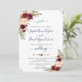 バーガンディーピンクフローラネイビー結婚ブルー 招待状 (スタンド正面)