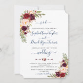 バーガンディーピンクフローラネイビー結婚ブルー 招待状 (正面)