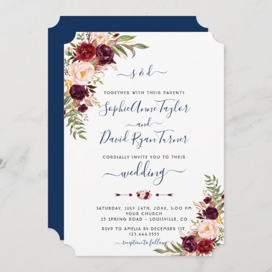 バーガンディーピンクフローラネイビー結婚ブルー 招待状 (正面/裏面)