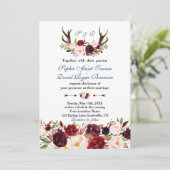 バーガンディーピンクフローラネイビー〔雄ジカの〕枝角モノグラム結婚ズ 招待状 (スタンド正面)