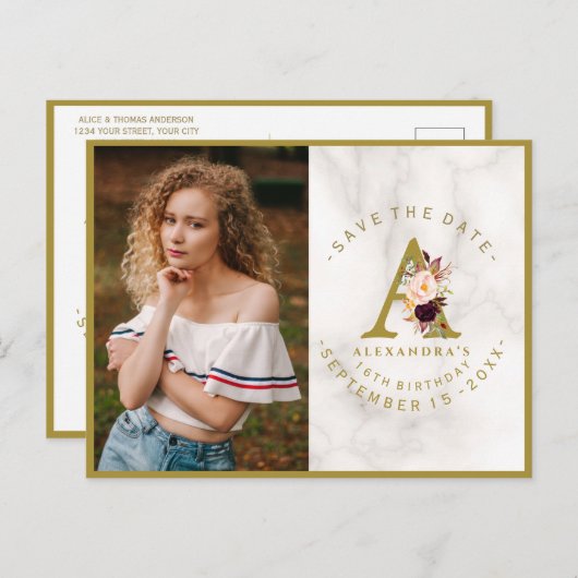 バーガンディーピンクフローラフォト誕生日日付を保存 ポストカード (正面/裏面)