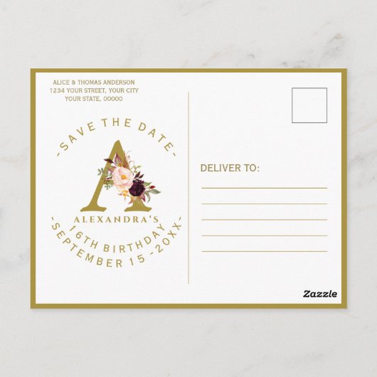 バーガンディーピンクフローラフォト誕生日日付を保存 ポストカード (裏面)