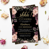 バーガンディーピンクフローラブラックサプライズ誕生日パーティー 招待状