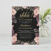 バーガンディーピンクフローラブラックサプライズ誕生日パーティー 招待状 (スタンド正面)