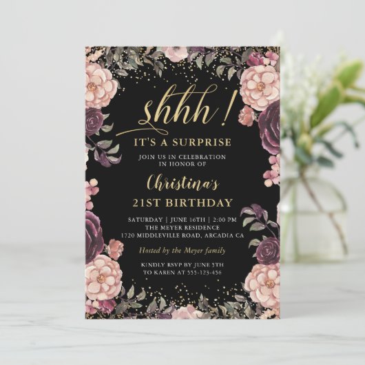 バーガンディーピンクフローラブラックサプライズ誕生日パーティー 招待状 (スタンド正面)