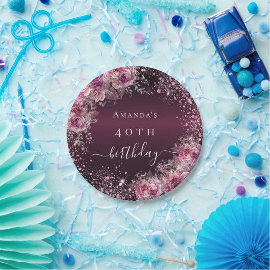 バーガンディーピンクフローラ名エレガント誕生日 ペーパープレート (パーティー)