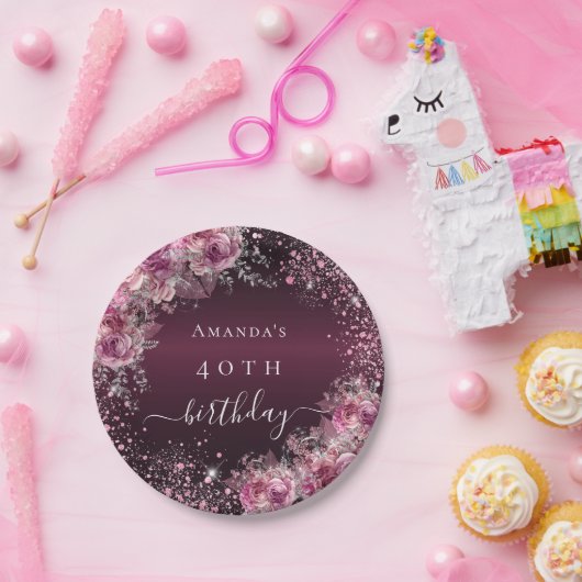 バーガンディーピンクフローラ名エレガント誕生日 ペーパープレート (パーティー)