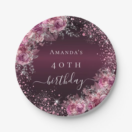 バーガンディーピンクフローラ名エレガント誕生日 ペーパープレート (正面)