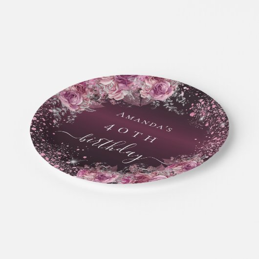 バーガンディーピンクフローラ名エレガント誕生日 ペーパープレート
