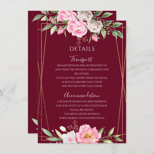 バーガンディーピンクフローラ幾何結婚詳細 エンクロージャーカード (正面/裏面)