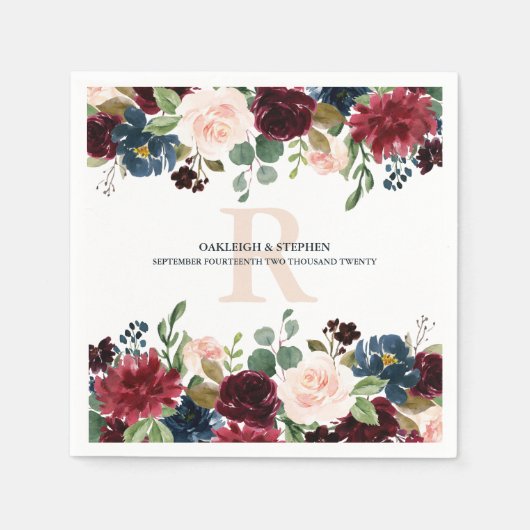 バーガンディーピンクフローラ水彩モノグラム結婚ズ スタンダードカクテルナプキン (正面)