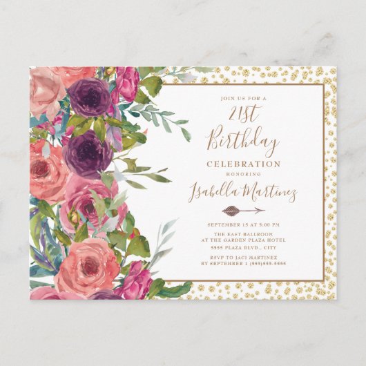 バーガンディーピンクフローラ金ゴールドグリッター21歳 インビテーションポストカード (正面)