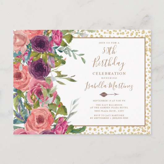 バーガンディーピンクフローラ金ゴールドグリッター30th誕生日 インビテーションポストカード (正面)