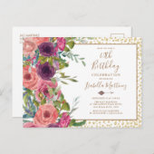 バーガンディーピンクフローラ金ゴールドグリッター40th誕生日 インビテーションポストカード (正面/裏面)