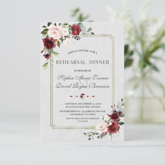 バーガンディーピンクフローラ金ゴールドフレームリハーサルディナー 招待状 (スタンド正面)