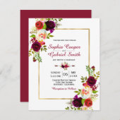 バーガンディーピンクフローラ金ゴールドフレーム結婚式招待状 (正面/裏面)