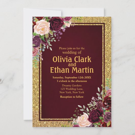 バーガンディーピンクフローラ金ゴールドフレーム 招待状 (正面)
