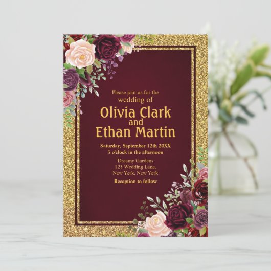 バーガンディーピンクフローラ金ゴールドフレーム 招待状 (スタンド正面)