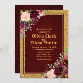 バーガンディーピンクフローラ金ゴールドフレーム 招待状 (正面/裏面)