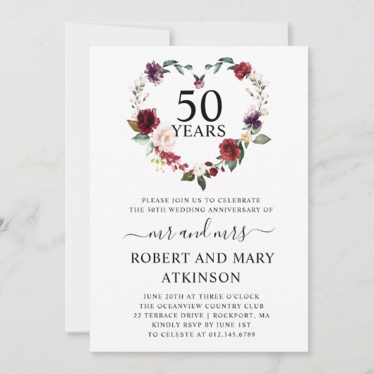バーガンディーピンクフローラ50周年結婚のインビ 招待状 (正面)